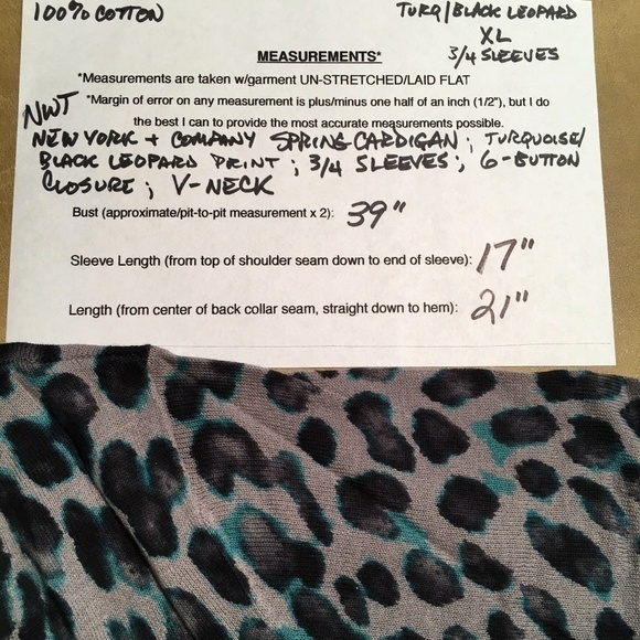 New York & Company NWT Spring Summer Cardigan, Turquoise/Black LEOPARD, XL - Picture 8 of 8